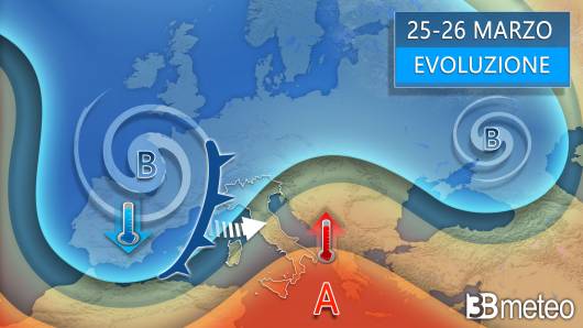 Meteo evoluzione prevista tra lunedì e martedì (25-26 marzo)