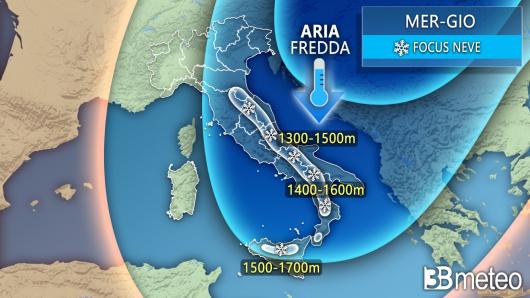 Meteo: focus neve in arrivo tra mercoledì e giovedì
