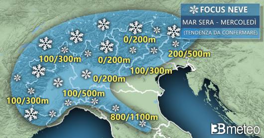 Meteo: focus neve tra martedì sera/notte e mercoledì mattina