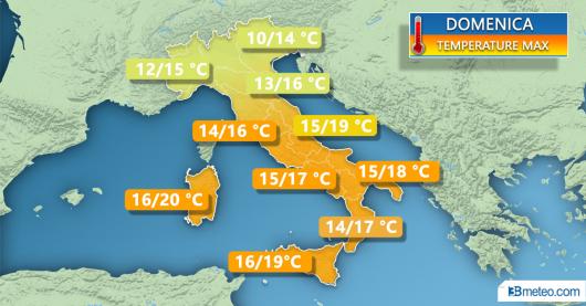 Meteo Italia: le temperature massime previste domenica