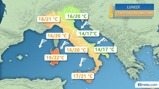 Meteo Italia: le temperature massime previste lunedì