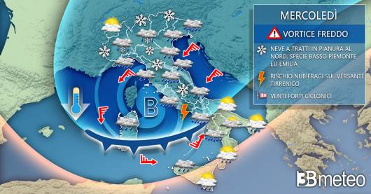 Meteo Italia: mercoledì vortice ciclonico freddo, neve a tratti in pianura al Nord