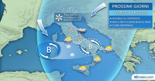 Meteo Italia: tra giovedì e venerdì vortice freddo con pioggia e neve