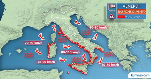 Meteo Italia: venti previsti venerdì