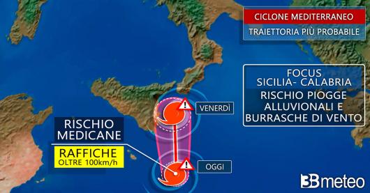 Meteo, la rotta prevista del ciclone mediterraneo