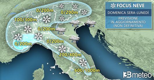 Meteo: le aree dove, ad oggi, dovrebbe nevicare tra domenica notte e lunedì