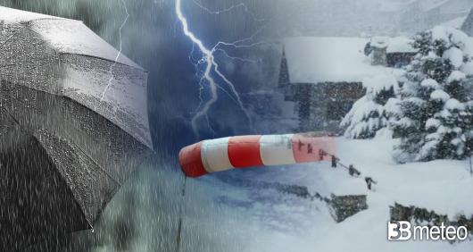 Meteo lunedì con rovesci, temporali, neve e venti forti