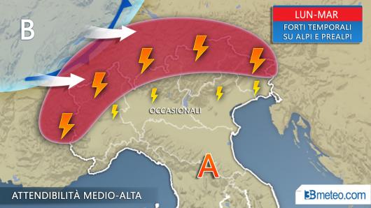 Meteo lunedì martedì, forti temporali sulle Alpi, solo occasionali in Val padana