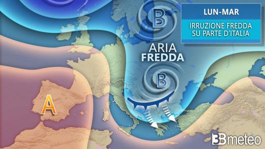 Meteo lunedì-martedì veloce fronte freddo con pioggia e neve su parte della Penisola