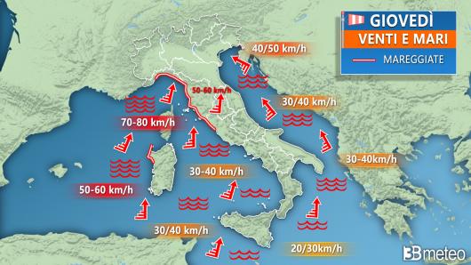 Meteo - Mari e venti giovedì 22 febbraio
