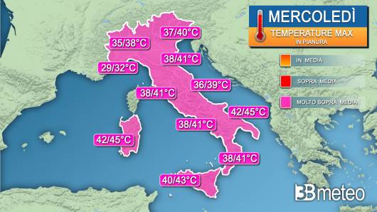 Meteo - Temperature massime in pianura per mercoledì 19 luglio