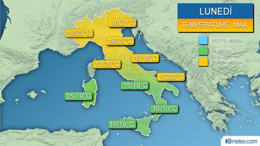 Meteo Temperature massime previste nella giornata di lunedì