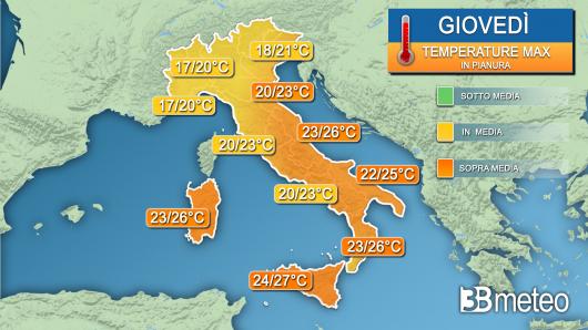 Meteo - Temperature massime previste oggi