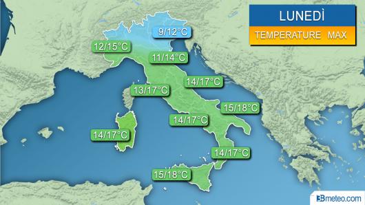 Meteo temperature massime previste per la giornata di lunedì