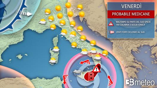 Meteo venerdì medicane in azione all'estremo Sud
