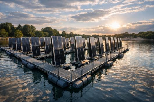 Moduli solari bifacciali installati verticalmente su piattaforme galleggianti.