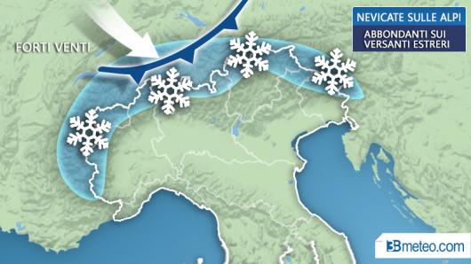 Neve sulle Alpi, copiose sui settori confinali