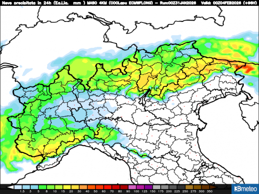 Neve totale prevista nella giornata di martedì