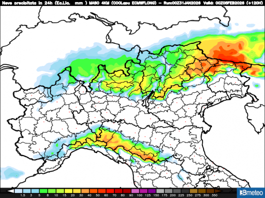 Neve totale prevista nella giornata di mercoledì