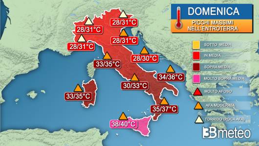 Picchi di temperatura massima attesi domenica 18 agosto (stima preliminare da confermare)
