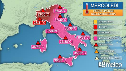 Picchi di temperatura massima attesi mercoledì