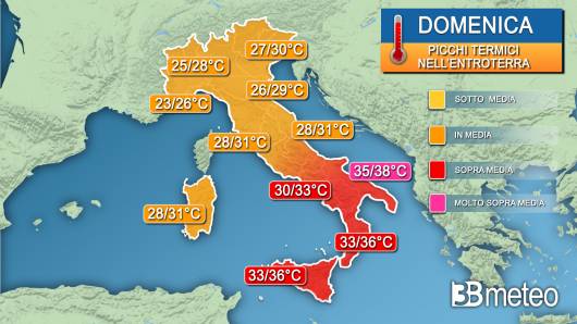Picchi di temperatura massima domenica