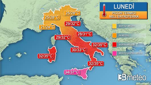 Picchi di temperatura massima lunedì