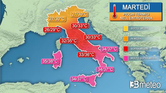 Picchi di temperatura massima martedì