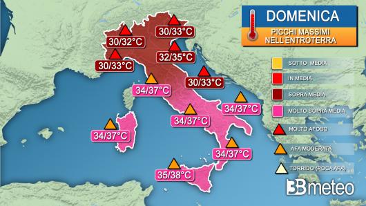 Picchi di temperatura massima previsti domenica 4 agosto