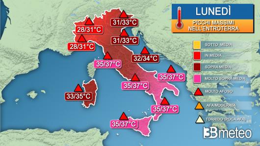 Picchi di temperatura massima previsti lunedì 