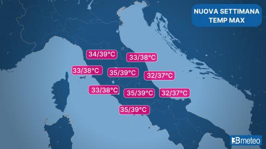 Picchi massimi attesi al Centro nella nuova settimana