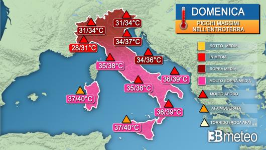 Picchi massimi di temperatura attesi domenica