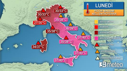 Picchi massimi di temperatura attesi martedì
