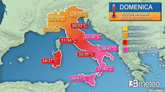 Picchi massimi di temperatura domenica