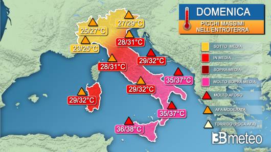 Picchi massimi di temperatura nella giornata di domenica