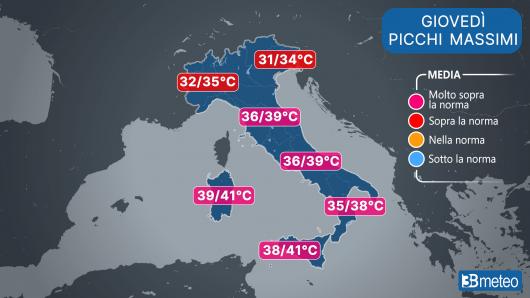 Picchi massimi di temperatura nella giornata di giovedì