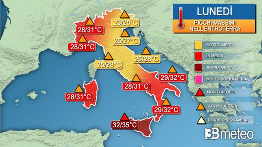 Picchi massimi di temperatura nella giornata di lunedì