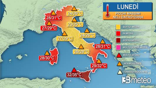 Picchi massimi di temperatura nella giornata di lunedì