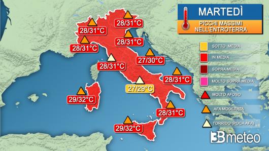 Picchi massimi di temperatura nella giornata di martedì