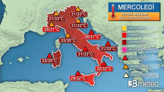 Picchi massimi di temperatura nella giornata di mercoledì