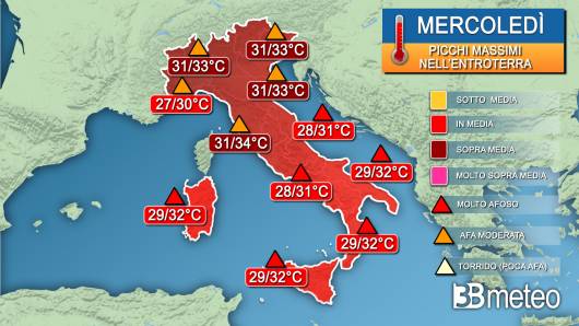 Picchi massimi di temperatura nella giornata di mercoledì