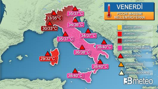 Picchi massimi di temperatura nella giornata di venerdì