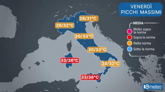 Picchi massimi di temperatura nella giornata di venerdì