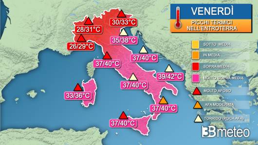 Picchi massimi di temperatura venerdì