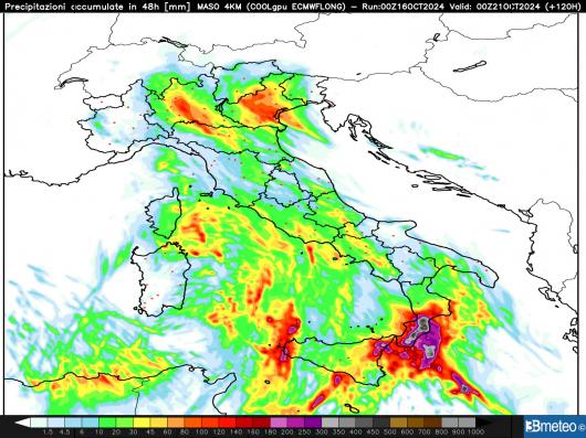 Picchi pluviometrici nelle 48 ore tra sabato e domenica