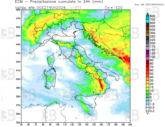 Piogge attese mercoledì secondo il modello ECMWF