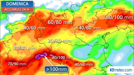 Piogge previste domenica- accumuli 24 ore