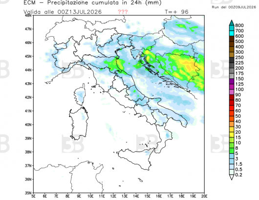 Piogge viste per domenica dal modello ECMWF