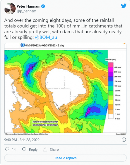 Possibili inondazioni a Sydney - la mappa dell'accumulo pluviometrico previsto