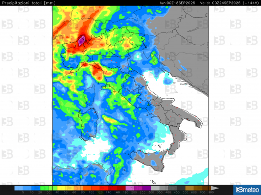 Precipitazione cumulata nella giornata di lunedì 22 settembre